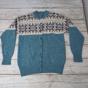Pitlochia Blue Wool Fair Isle Nordic Button Up Cardigan Women Size 36